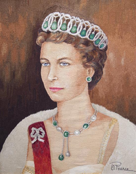 Royal Interest: three needlework pictures of Queen Elizabeth II, Prince Philip and Prince Charles by Olga Pearce, together with a relat